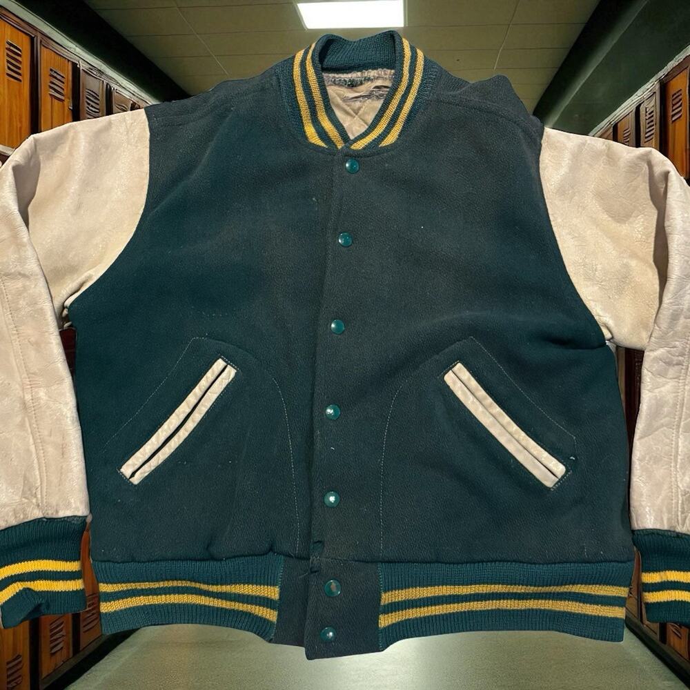 Vintage 1960s Letterman Varsity Leather And Wool Small Jacket Distressed